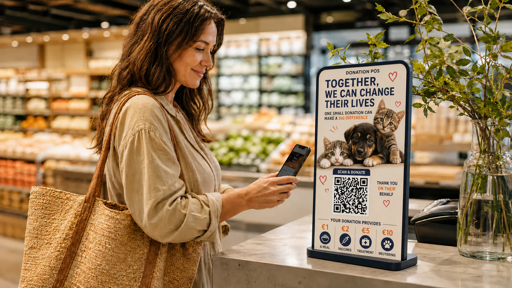 Πελάτισσα σκανάρει με το κινητό της premium βάση QR της Donation POS, σε πάγκο καταστήματος