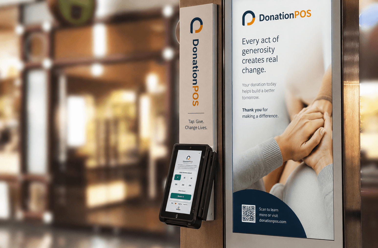 Donation POS Point — freestanding donation kiosk with IM30 POS at a church entrance