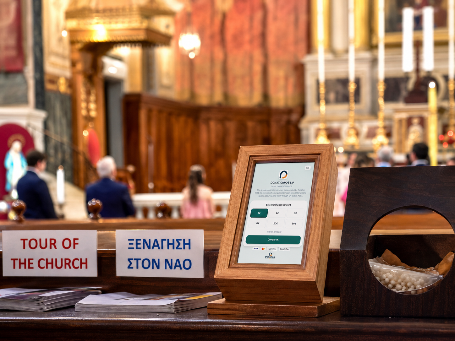 Donation POS Point — minimalista adományozó kioszk érintésmentes POS-terminállal