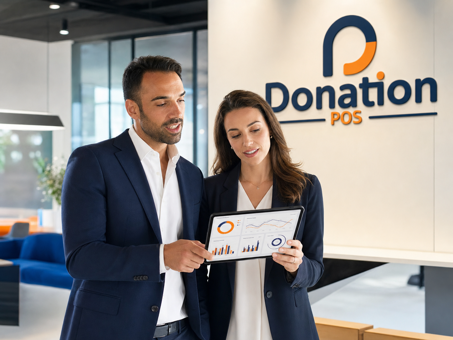 Στελέχη της Donation POS και εταιρικού προγράμματος εξετάζουν αναφορά κοινωνικού αντίκτυπου σε tablet, μπροστά από το λογότυπο της πλατφόρμας