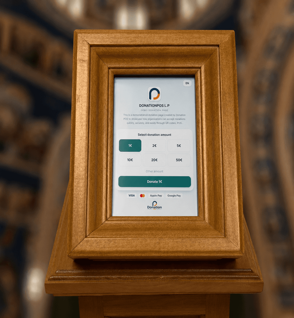 Classic oak wooden POS stand for church donation box