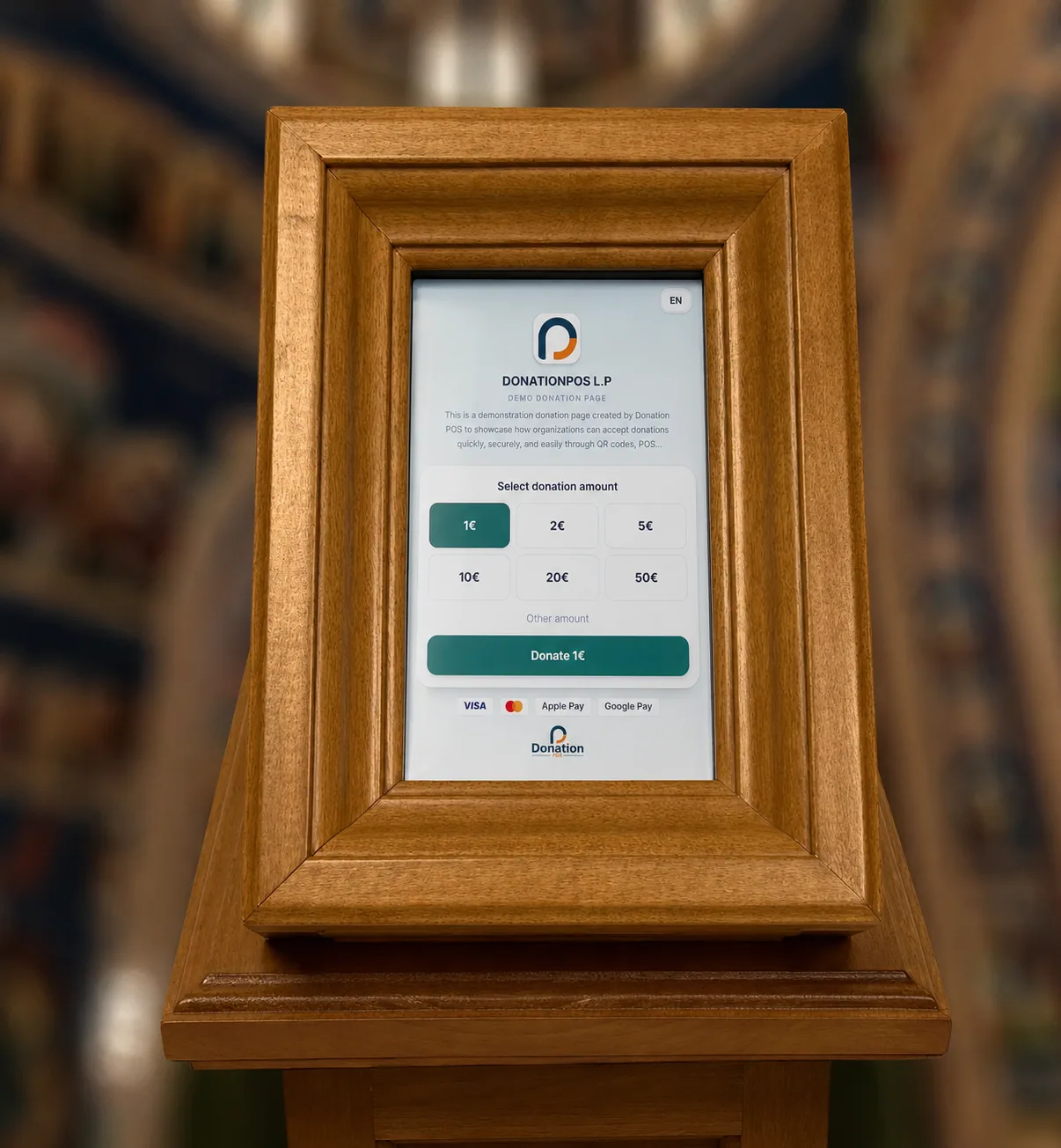 Classic oak wooden POS stand for church donation box