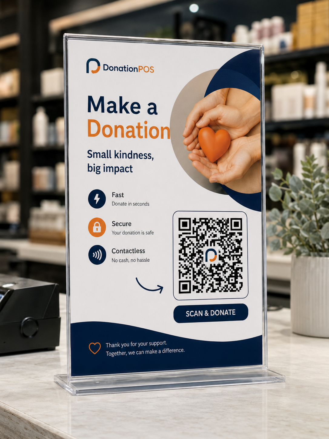 Donation POS Point — adományozó kioszk „Szkenneljen az adományozáshoz” QR-kóddal