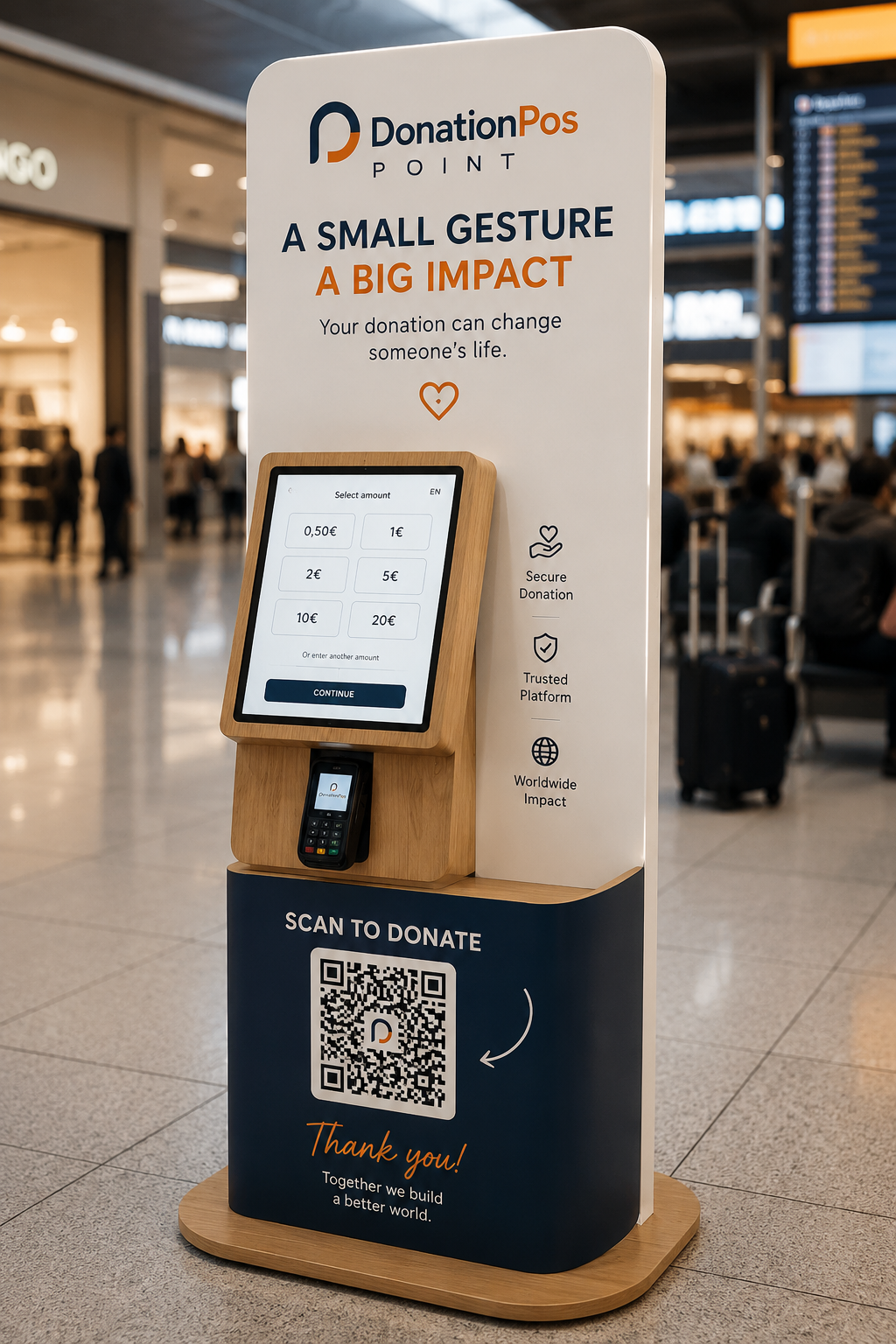 Donation POS Point — fa adományozó kioszk QR-kóddal és érintésmentes POS-terminállal