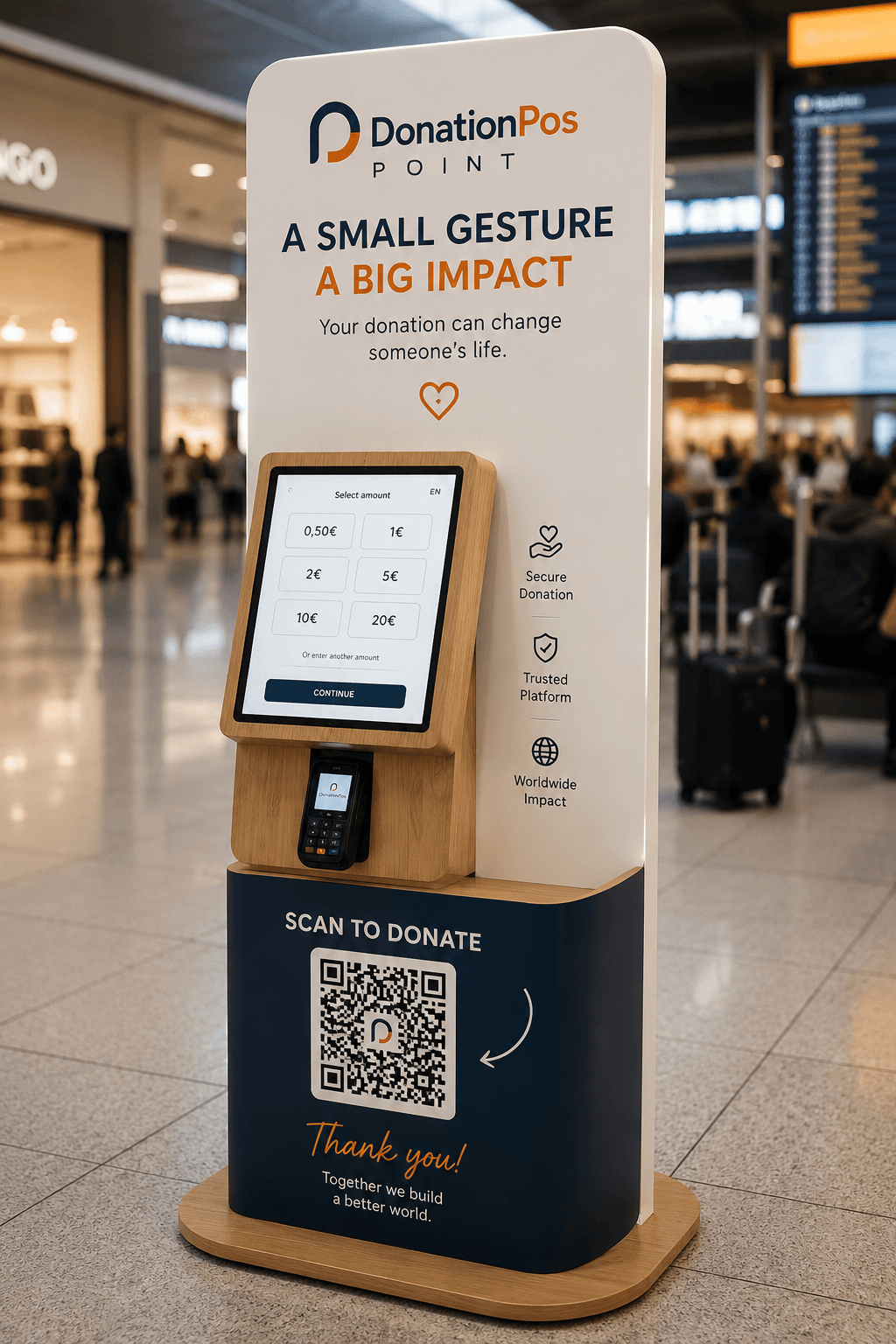 Donation POS Point — wooden donation kiosk with QR and contactless POS