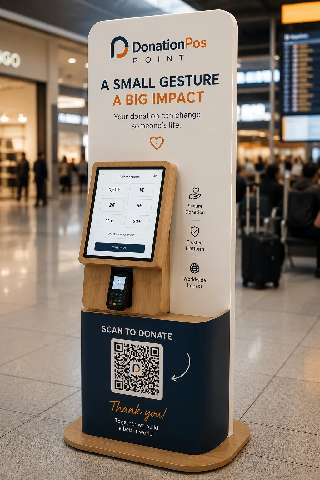 Donation POS Point — wooden donation kiosk with QR and contactless POS