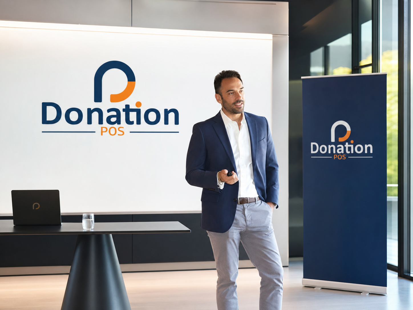 Εκπρόσωπος της Donation POS παρουσιάζει σε επαγγελματική εκδήλωση με φόντο το λογότυπο της εταιρείας
